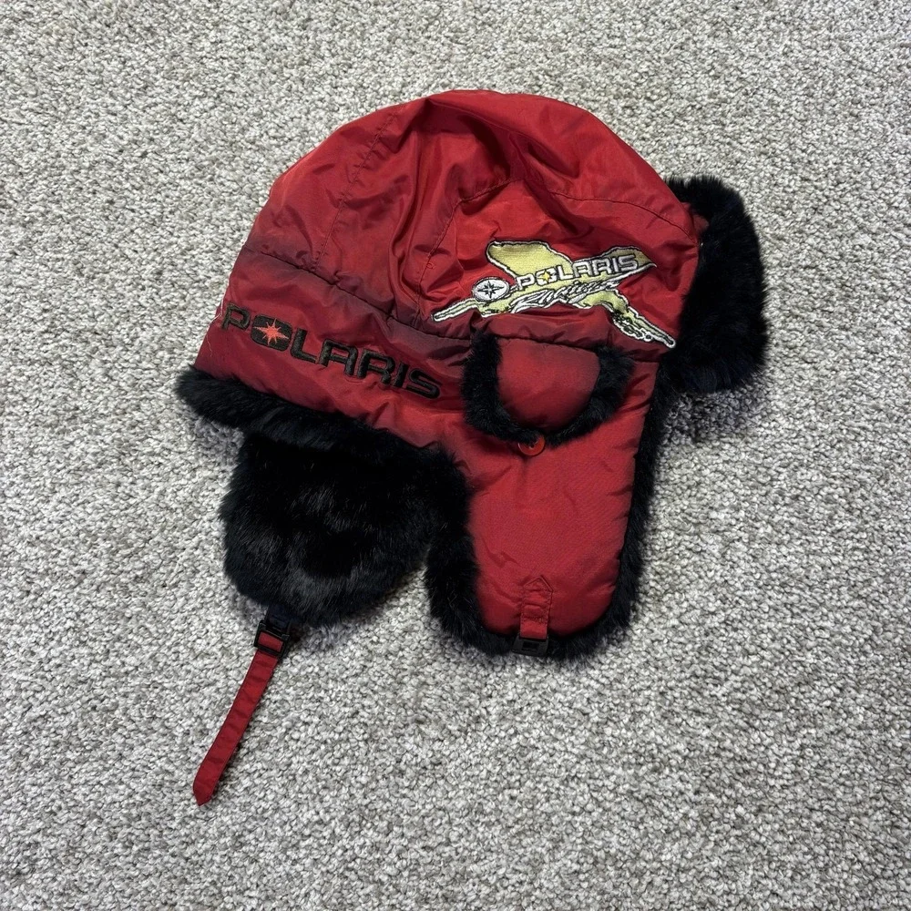 Polaris Trapper Hat‎ Mens XL Red Rabbit Fur Lined Nylon Snowmobile Ski Winter